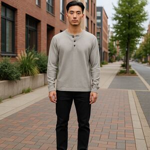 G.H. Bass & Co. Men's Gray Long Sleeve Waffle Henley Shirt‎ Size L